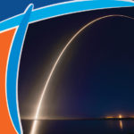 A time-lapse photo of a rocket launch at night framed by the stylized T of the Titusville logo