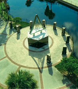 Aerial view of the Space Shuttle monument at Spaceview Park