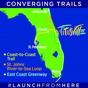 Converging Trails Map, shows that three trails converge in Titusville: The Coast to Coast from St Pete on the west coast to Playalinda Beach on the East Coast of Florida, the St Johns River to Sea Loop north and back around and through 5 Florida Counties, and the East Coast Greenway, which goes from Maine to Key West