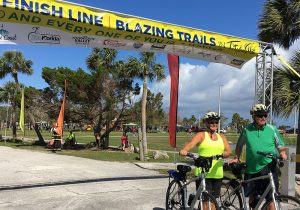 Bike riders standing near the finish line of the Blazing Trails Fun Day Ride, February 24, 2018, Titusville Florida