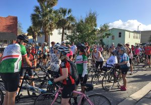 A group of bike riders standing near the start of the Blazing Trails Fun Day Ride, February 24, 2018, Titusville Florida