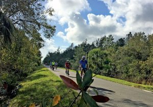 Bike riders enjoy one of the bike trails near Titusville, Florida.