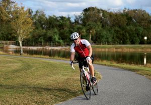 The paved bike trail in Chain of Lakes in Titusville, Florida, offers many scenic views.