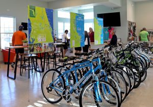 Inside the Welcome Center in downtown Titusville Florida, where you can rent bikes, view maps and pick up info about bike rides.
