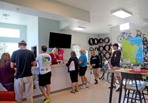 Inside the Welcome Center in downtown Titusville Florida, where you can rent bikes, view maps and pick up info about bike rides.