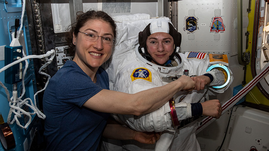Female astronauts prep for spacewalk