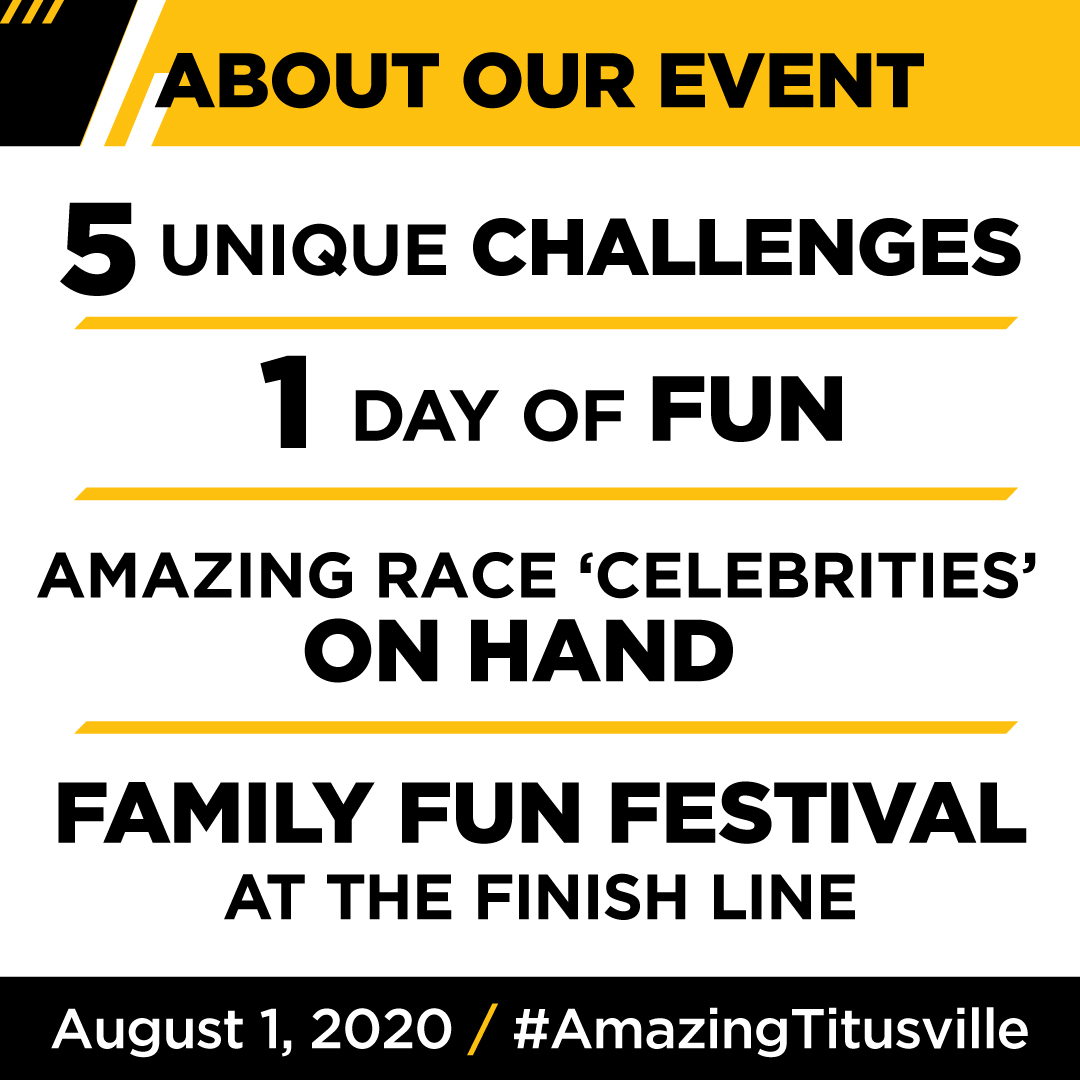 About Our Event: 5 unique challenges. 1 day of fun. Amazing race celebrities on hand. Family fun festival at the finish line. August 1, 2020. Hashtag: AmazingTitusville