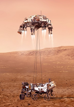 An illustration of NASA’s Perseverance rover landing safely on Mars. 