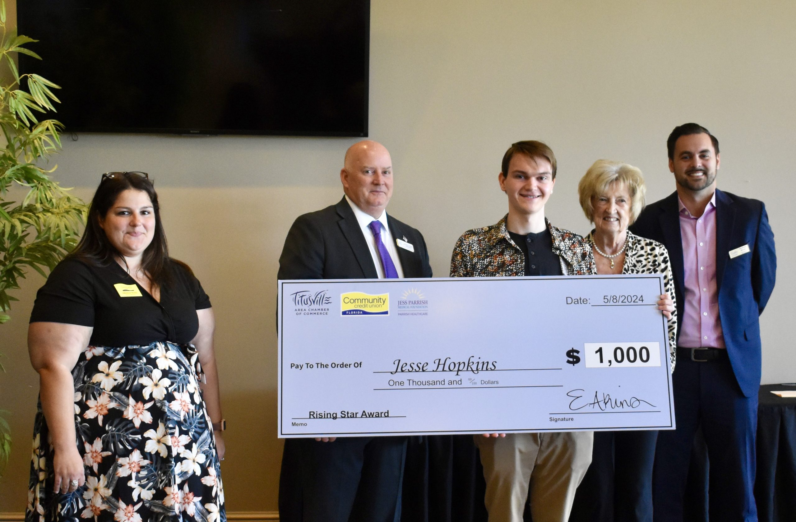 Left to Right: Amanda Rossi Community Credit Union, Dr. Mark Rendell Brevard Public Schools, Astronaut High School student Jesse Hopkins, Barbara Terhune and Matthew Morak Jess Parrish Medical Foundation